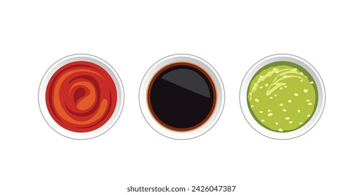 Set of Seafood Dipping Sauce isolated on white background.Cocktail sauce,Shoyu sauce and Thai Seafood Dipping Sauce.