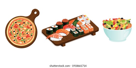 Set of seafood dishes. Pizza, salad, sushi and rolls with shrimps, salmon, tuna. Vector food illustration for stickers, web, site, menu, store, restaurant, icons.