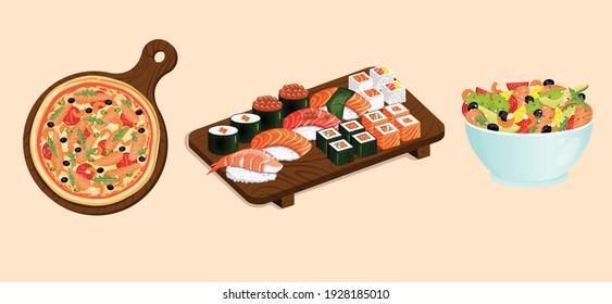 Set of seafood dishes. Pizza, salad, sushi and rolls with shrimps, salmon, tuna. Vector food illustration for stickers, web, site, menu, store, restaurant, icons.