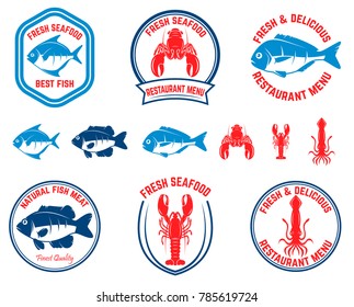 Set of seafood emblems. Fish, lobster, squid. Design elements for logo, label, emblem, sign, menu. Vector illustration