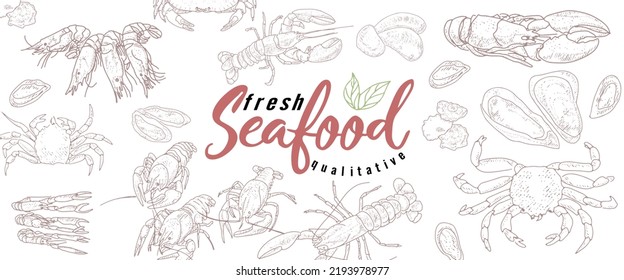 A set of seafood in an engraved style. Vintage fish market design. A frame for advertising a fish products store.