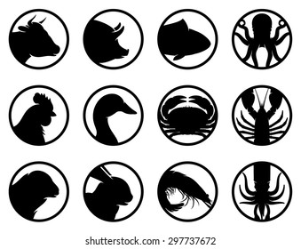 Set of seafood and farm animals flat black and white icons isolated on white.