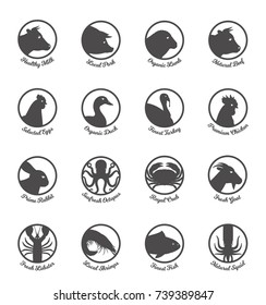 Set of seafood and farm animals flat black and white icons isolated on white