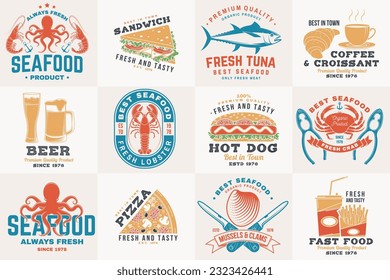Set of seafood and fast food retro badge. Vector. For seafood emblem, sign, patch, shirt, menu restaurants with tuna, trout, shrimp, octopus crab mussels and clams, hotdog, burger, pizza