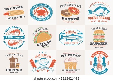 Set of seafood and fast food retro badge. Vector. For seafood emblem, sign, patch, shirt, menu restaurants with tuna, trout, shrimp, octopus crab mussels and clams, hotdog, burger, pizza