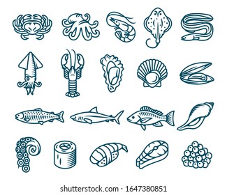 Set of seafood, fish and sea animals vector isolated icons