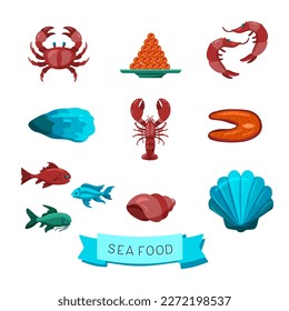 Set of seafood flat elements. Vector flat illustration of dinner menu items with salmon, crab and fish in bright colors on white square background. Various icons and objects for poster or flyer