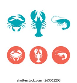 Set of the seafood flat icons. Crab, lobster and shrimp vector silhouettes