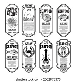 Set of seafood flyers with fish. Fish meat. Squid, crab, octopus. Design element for poster, banner, card. Vector illustration