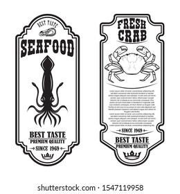 Set of seafood flyers with squid and crab illustrations. Design element for poster, banner, sign, emblem. Vector illustration