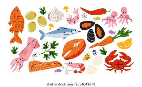 Set of seafood and gourmet sea food. Cartoon shrimps, fish, salmon, squid, mussels oysters and ingredients for cooking, food products. Healthy food delicacies, vitamins, vector stickers