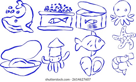 set of seafood icons in doodle style on white background.