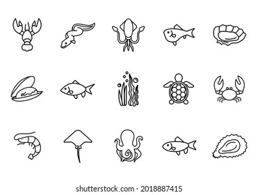 Set of seafood icons.  Fish flat pictogram for web. Line stroke. Shrimp, oyster, shellfish isolated on white background. Outline vector eps10