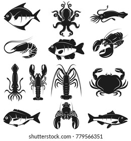 Set of seafood icons isolated on white background. Design element for logo, label, emblem, sign, banner, poster. Vector illustration