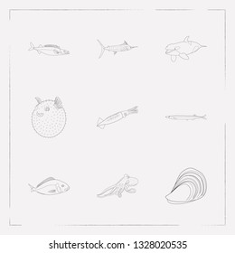 Set of seafood icons line style symbols with mussel, puffer fish, saury and other icons for your web mobile app logo design.
