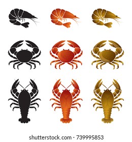 Set of seafood icons - shrimp (prawn), crab and lobster(omar, crayfish)