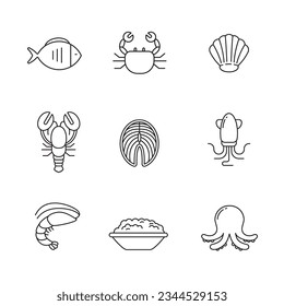 Set of seafood icons and symbols in line style isolated on white background