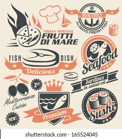 Set of seafood icons, symbols and signs. Retro design elements collection of badges, stickers and emblems for fish restaurant. Food design concept.