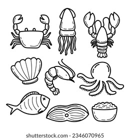 Set of seafood illustrations in cute doodle style isolated on white background. Hand-drawn seafood vector