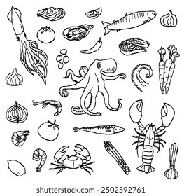 Set of seafood illustrations, doodle style line art, sea food, contour drawing