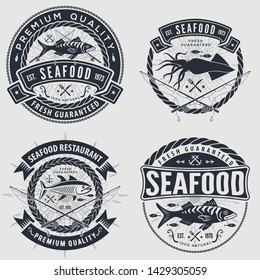 Set of Seafood label, badge, emblem or logo for seafood restaurant, menu design element. Vector illustration