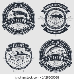 Set of Seafood label, badge, emblem or logo for seafood restaurant, menu design element. Vector illustration