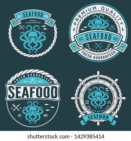 Set of Seafood label, badge, emblem or logo for seafood restaurant, menu design element. Vector illustration