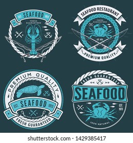 Set of Seafood label, badge, emblem or logo for seafood restaurant, menu design element. Vector illustration