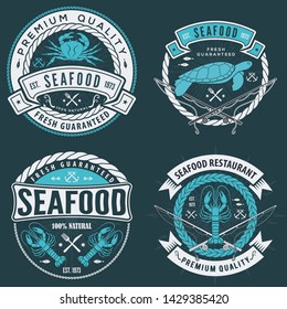 Set of Seafood label, badge, emblem or logo for seafood restaurant, menu design element. Vector illustration