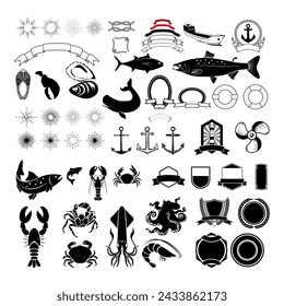 Set of seafood labels design templates and elements. Silhouettes of fish,crabs, omar's, lobsters and other.