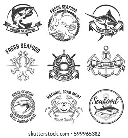 Set of the seafood labels isolated on white background. Design element for logo, label, badge, sign. Vector illustration.