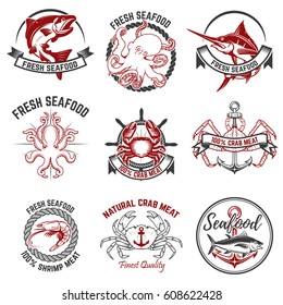 Set of the seafood labels isolated on white background. Design element for logo, label, badge, sign. Vector illustration.