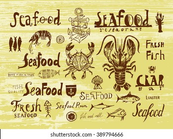 Set of seafood logo, labels, badges, street signs and design element. Hand drawn collection. Vector illustration against wooden boards