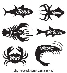Set of seafood logo. Ocean animals silhouettes collection for restaurants, seafood market, advertising. Squid, Crab, Tuna, Shrimp labels. Vector illustration.
