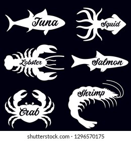 Set of seafood logo. Ocean animals silhouettes collection for restaurants, seafood market, advertising. Squid, Crab, Tuna, Shrimp labels. Vector illustration.