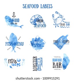 Set of seafood logo templates with watercolor background. Sketch labels with typography