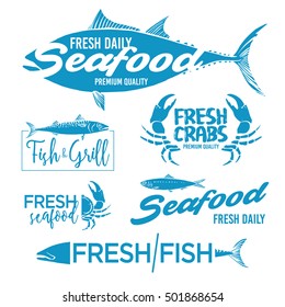 Set of seafood logos. Grill, crab, restaurant logo collection made in vector. Seafood badges, labels and design elements.