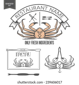 Set of seafood logotypes, labels, badges and design elements with crab 