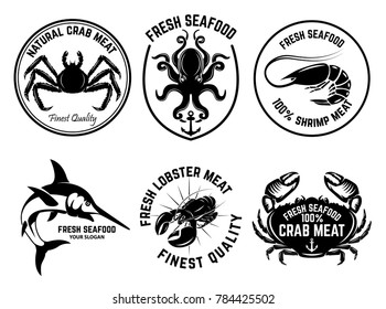 Set of seafood market emblems. Design element for logo, label, emblem, sign. Vector illustration