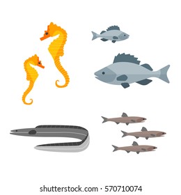 Set of Seafood for Menu Cafe, Bar or Restaurant. Flat Design Style. Vector illustration