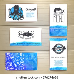 Set of seafood menu cards. Corporate identity. Document template