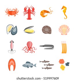 Set of Seafood for Menu Your Kitchen. Flat Design Style. Vector illustration