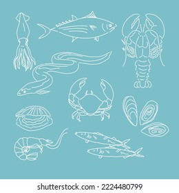 Set with seafood on blue background. Hand drawn sea fishes, oysters, mussels, lobster, squid and octopus, crabs, prawns. Healthy food natural set. Vector illustration