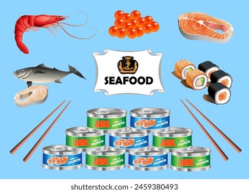 Set of seafood on blue background. Vector realistic illustration