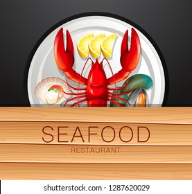Set of seafood on plate illustration