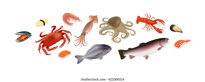 Set seafood on white background. Vector Illustration