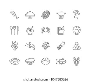 Set of Seafood outline icons isolated on white background.