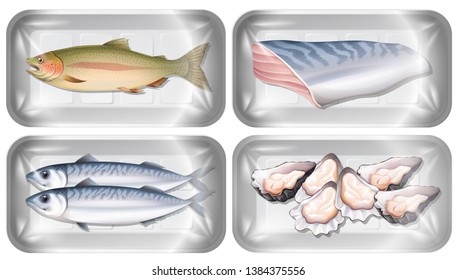 Set of seafood in packaging  illustration