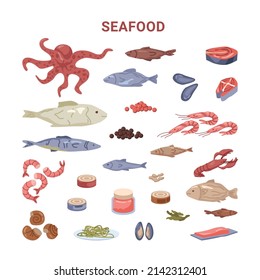 Set of seafood products, fish and prawns, canned tuna and caviar. Vector in flat style, lobsters and shrimps, salmon and mackerel, oysters and seaweed, mussels and fillet slice on plate