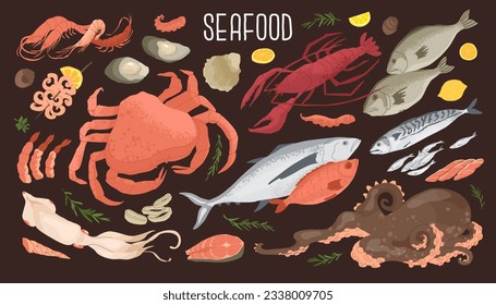 Set of seafood products. Fresh fish, crab, lobster and shrimps. Concept for fish farms and food markets. Food rich in protein and iodine. Vector illustration isolated on dark background.